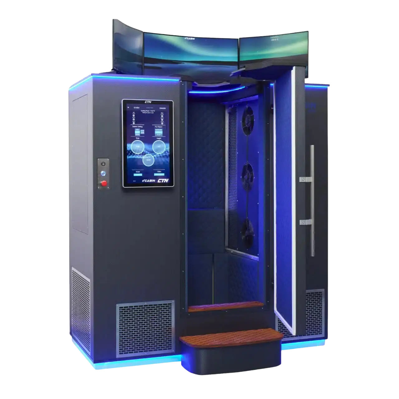 CTN e'Cabin whole body cryotherapy chamber with blue LED lighting and open door